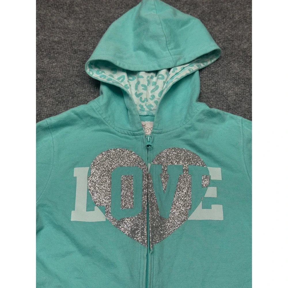 *The‎ Childrens Place Girls XL 14 Aqua Teal Silver Glitter Heart Zip Up Hoodie